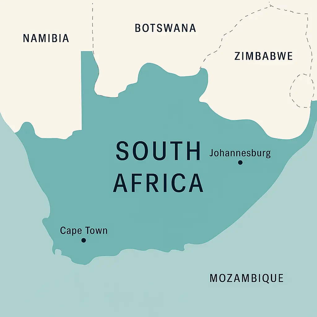 Minimalist illustrated map of South Africa highlighting Cape Town, Johannesburg, and neighboring countries