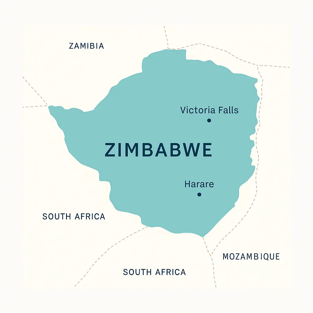 Minimal map of Zimbabwe showing Victoria Falls, Harare, and neighboring countries